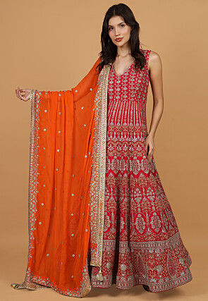 Embroidered Georgette Abaya Style Suit in Fuchsia