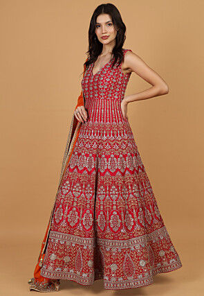 Embroidered Georgette Abaya Style Suit in Fuchsia