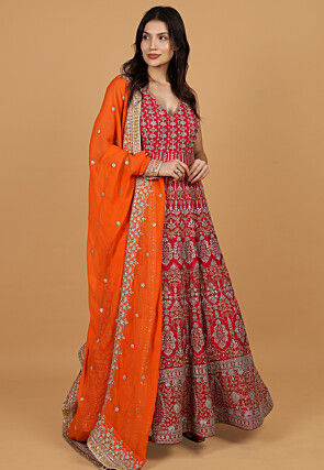Embroidered Georgette Abaya Style Suit in Fuchsia