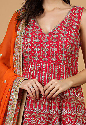 Embroidered Georgette Abaya Style Suit in Fuchsia