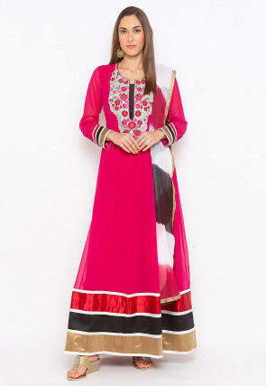 Embroidered Georgette Abaya Style Suit in Fuchsia