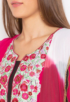Embroidered Georgette Abaya Style Suit in Fuchsia