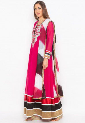 Embroidered Georgette Abaya Style Suit in Fuchsia