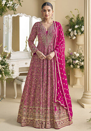 Embroidered Georgette Abaya Style Suit in Fuchsia