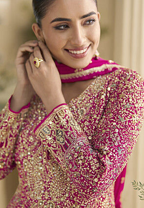 Embroidered Georgette Abaya Style Suit in Fuchsia