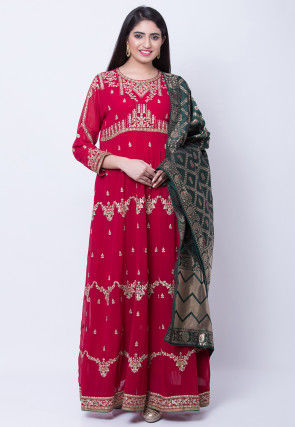 Embroidered Georgette Abaya Style Suit in Fuchsia