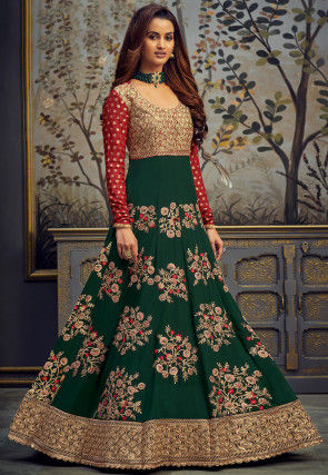 Embroidered Georgette Abaya Style Suit in Green and Red
