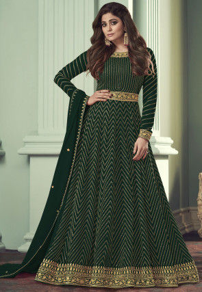 Embroidered Front Slit Georgette Abaya Style Suit in Green : KCH5333