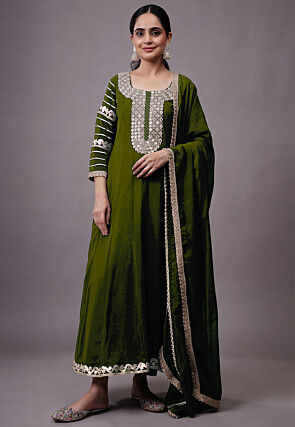 Embroidered Georgette Abaya Style Suit in Green