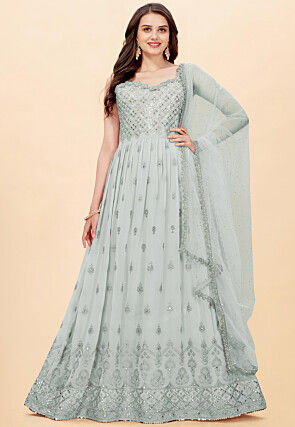 Embroidered Georgette Abaya Style Suit in Grey