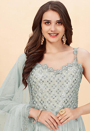 Embroidered Georgette Abaya Style Suit in Grey