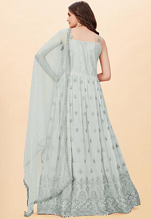 Embroidered Georgette Abaya Style Suit in Grey