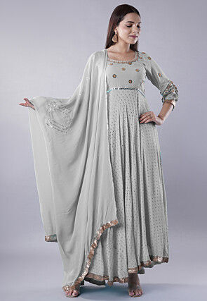 Embroidered Georgette Abaya Style Suit in Grey