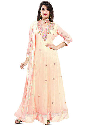 Embroidered Georgette Abaya Style Suit in Light Beige