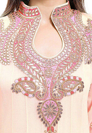 Embroidered Georgette Abaya Style Suit in Light Beige