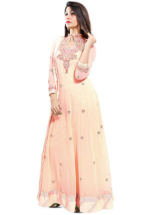 Embroidered Georgette Abaya Style Suit in Light Beige
