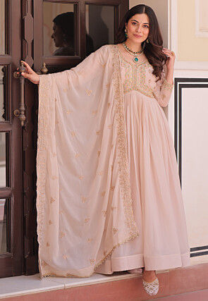 Embroidered Georgette Abaya Style Suit in Light Peach