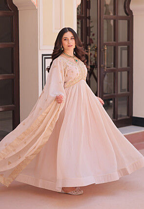 Embroidered Georgette Abaya Style Suit in Light Peach