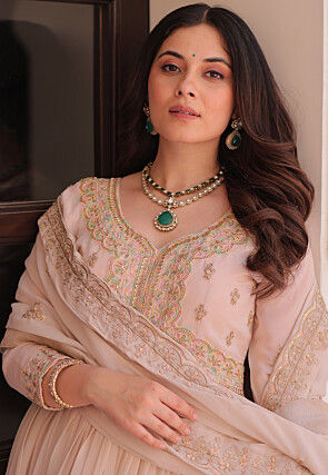 Embroidered Georgette Abaya Style Suit in Light Peach