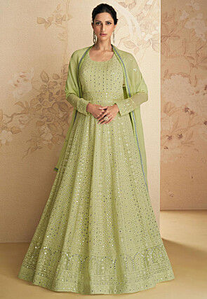 Embroidered Georgette Abaya Style Suit in Light Green