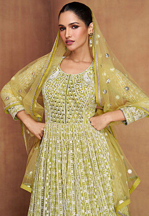 Embroidered Georgette Abaya Style Suit in Light Green
