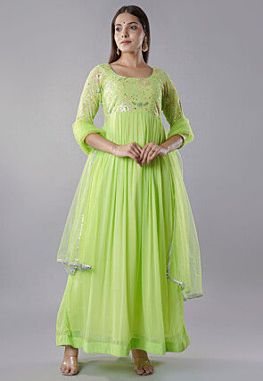 Embroidered Georgette Abaya Style Suit in Light Green