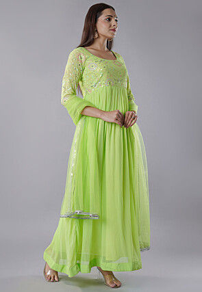 Embroidered Georgette Abaya Style Suit in Light Green