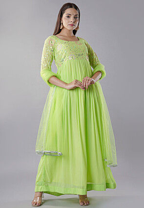 Embroidered Georgette Abaya Style Suit in Light Green