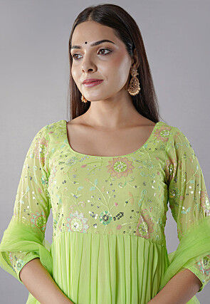 Embroidered Georgette Abaya Style Suit in Light Green
