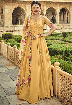 Embroidered Georgette Abaya Style Suit in Light Mustard