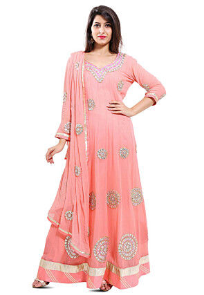 Embroidered Georgette Abaya Style Suit in Light Peach