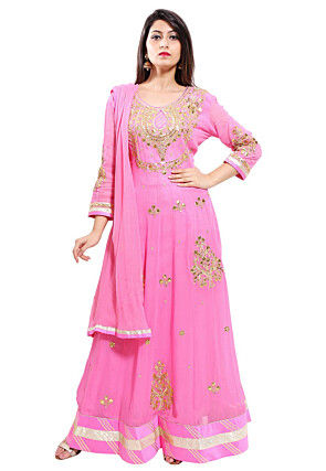 Embroidered Georgette Abaya Style Suit in Light Pink