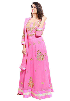 Embroidered Georgette Abaya Style Suit in Light Pink