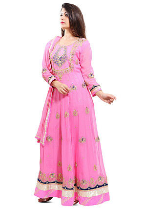 Embroidered Georgette Abaya Style Suit in Light Pink