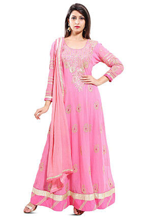 Embroidered Georgette Abaya Style Suit in Light Pink