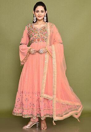 Embroidered Georgette Abaya Style Suit in Light Pink