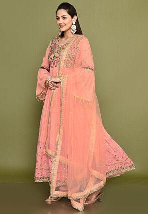 Embroidered Georgette Abaya Style Suit in Light Pink