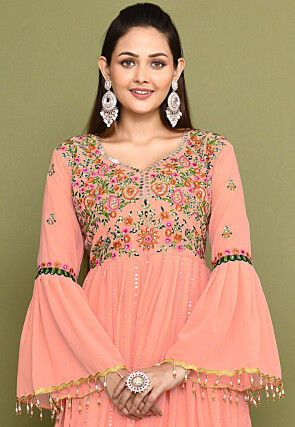 Embroidered Georgette Abaya Style Suit in Light Pink
