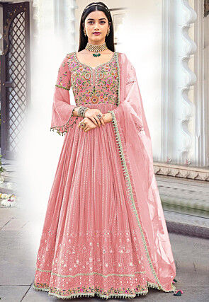 Embroidered Georgette Abaya Style Suit in Light Pink