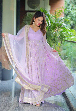 Embroidered Georgette Abaya Style Suit in Light Purple