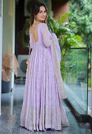 Embroidered Georgette Abaya Style Suit in Light Purple