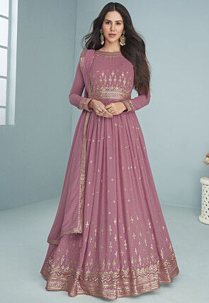 Embroidered Georgette Abaya Style Suit in Light Purple