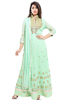 Embroidered Georgette Abaya Style Suit in Light Sea Green