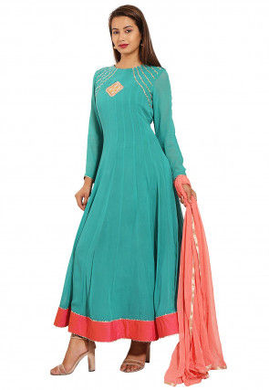 Gota Embroidered Georgette Abaya Style Suit in Teal Blue