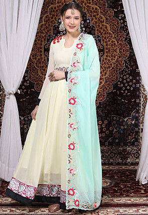 Embroidered Georgette Abaya Style Suit in Light Yellow