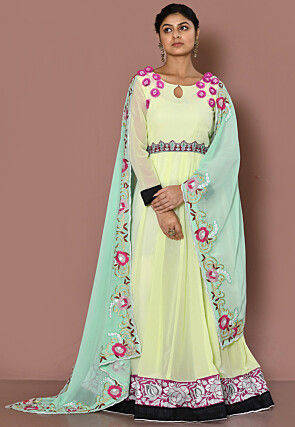 Embroidered Georgette Abaya Style Suit in Light Yellow