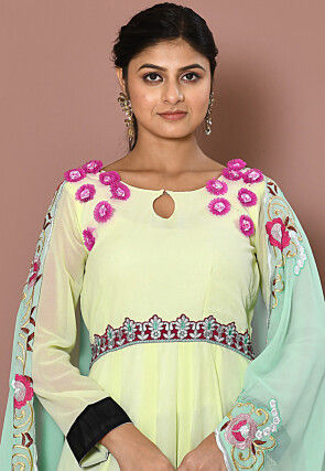 Embroidered Georgette Abaya Style Suit in Light Yellow