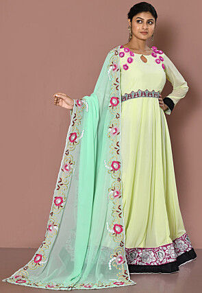 Embroidered Georgette Abaya Style Suit in Light Yellow