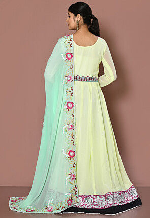 Embroidered Georgette Abaya Style Suit in Light Yellow