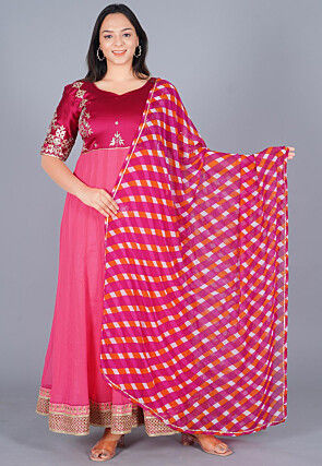 Embroidered Georgette Abaya Style Suit in Magenta and Coral Pink